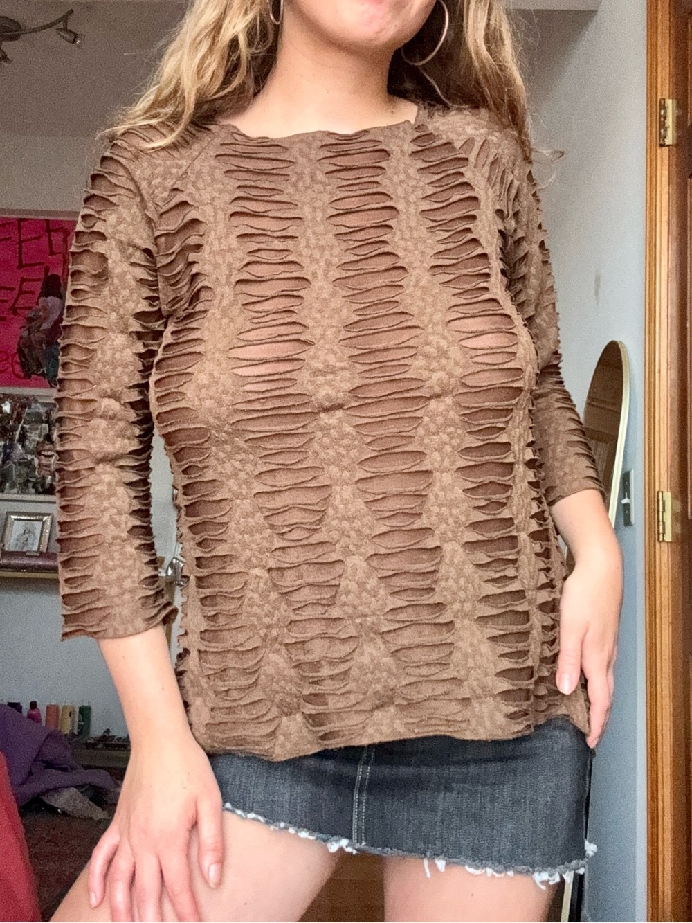 Semi Sheer Brown Cut Out 3/4 Sleeve Top | Size M/L